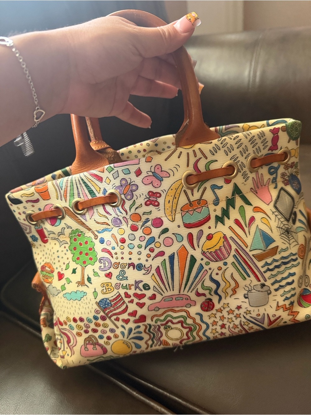 Dooney & Bourke Multicolor Doodle Satchel with Tan Leather Trim - Picture 2 of 10